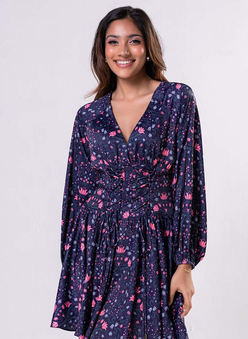 Front Tie Satin Printed Blue Dress